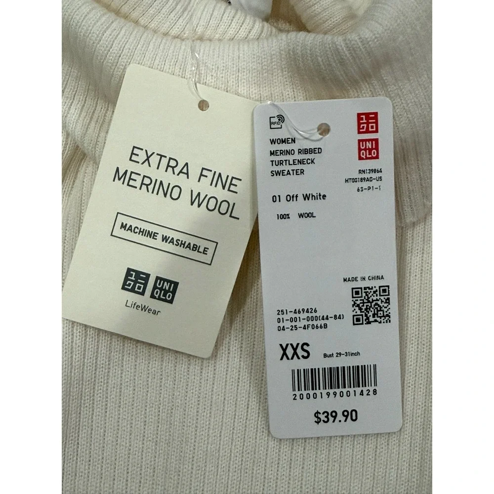 Uniqlo Women XXS Extra Fine Merino Ribbed Turtleneck Sweater Off White 469426